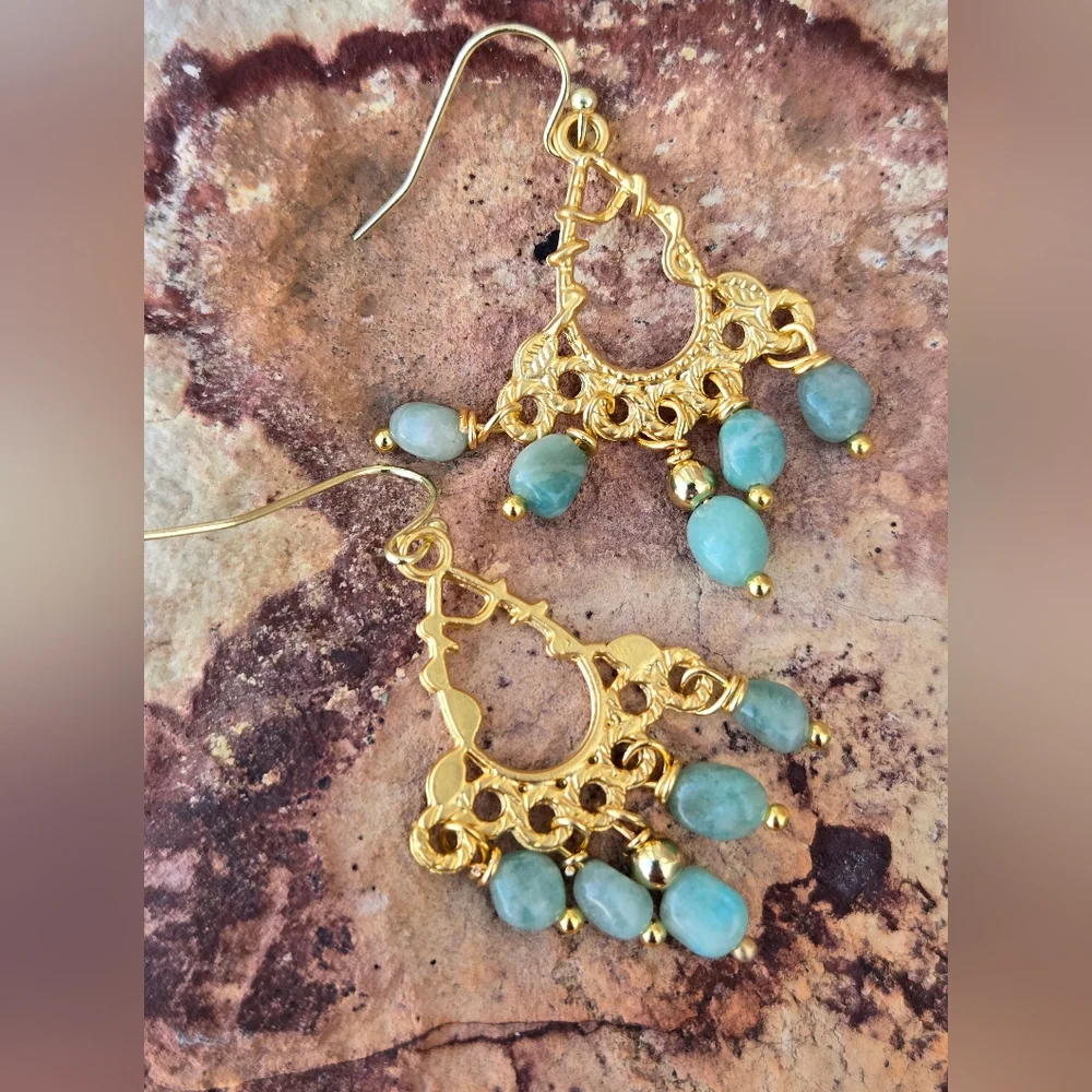 Amazon's Stone Of Hope  Amazonite In Mystical Filligree Gold Plated Earrings